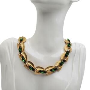 Lisner Choker Emerald Green Rhinestone Gold Tone Necklace Link Collar MCM 1950s